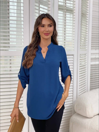 Effortless Chiffon Tunic Blouse for Women with V Neck Roll Tab Sleeve Relaxed Curved Hem Style