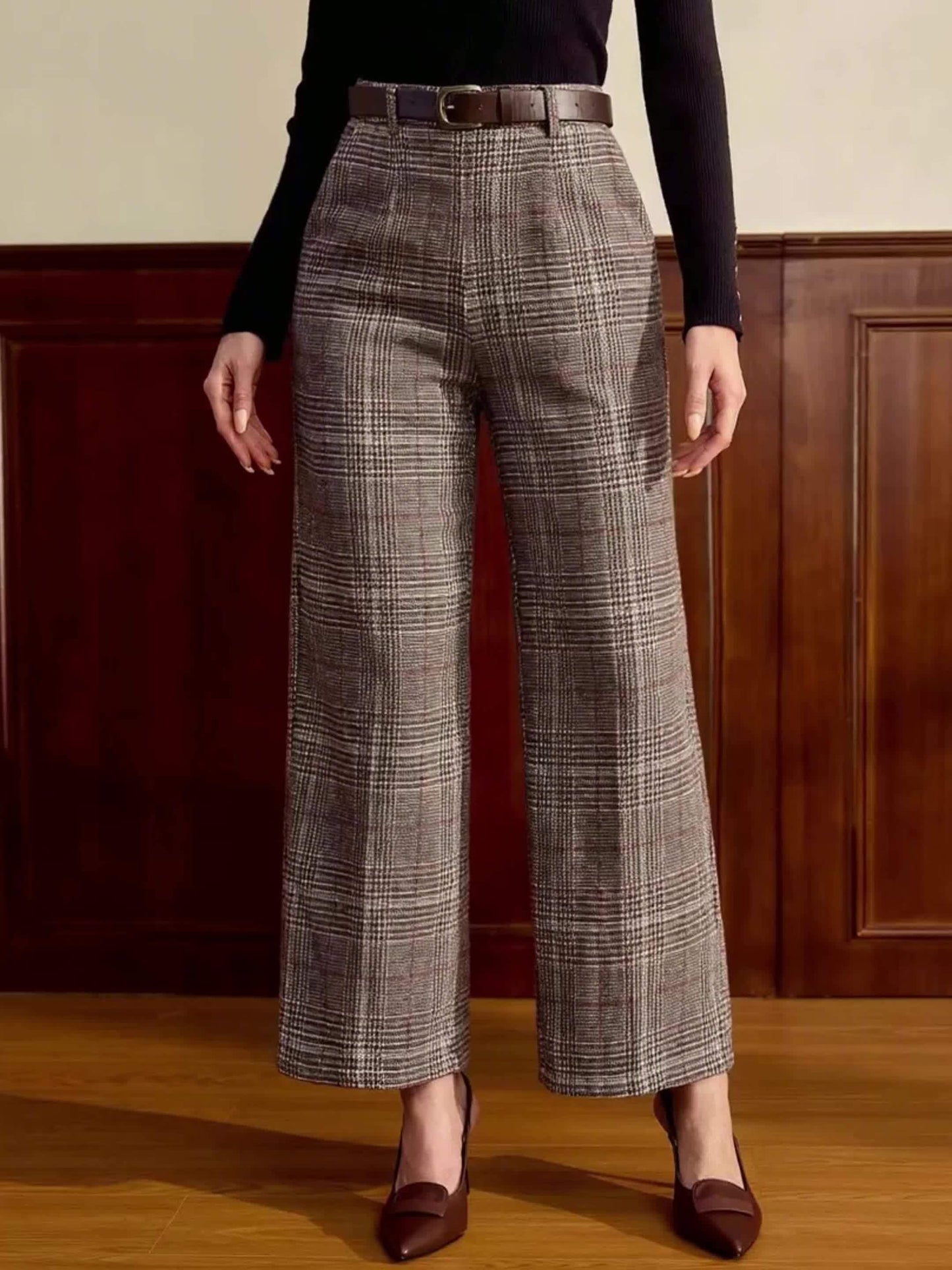 Effortless Lattice Plaid Wide Leg Pants for Women with High Waist Belted Tailored Relaxed Style