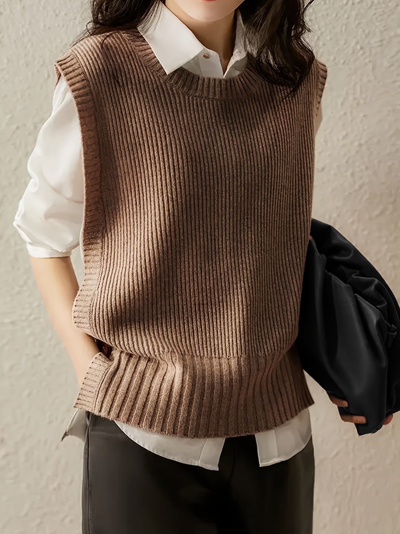 Comfortable Ribbed Knit Sweater Vest for Women with Crew Neck Sleeveless Relaxed Oversized Style