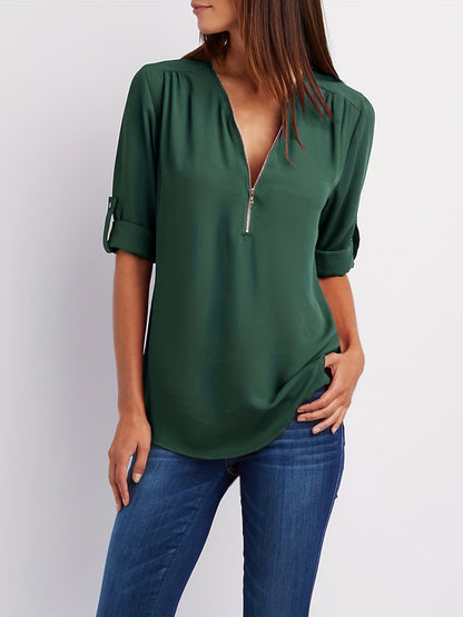Effortless Chiffon Blouse for Women with Zip V Neck Roll Tab Sleeve Relaxed Casual Style
