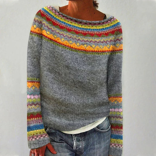 Comfortable Fair Isle Knit Sweater for Women with Boat Neck Long Sleeve Relaxed Oversized Knit Style