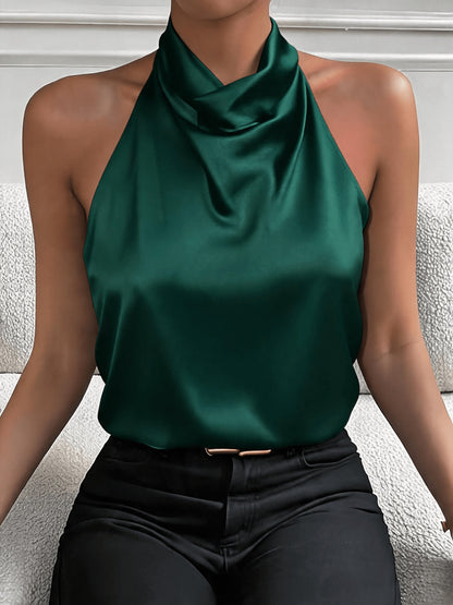 Elegant Satin Halter Top for Women with Cowl Neck Sleeveless Draped Silky Style