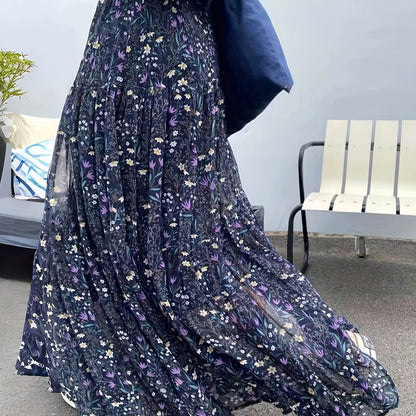 Effortless Blue Floral Maxi Skirt for Women with High Waist Tiered Ruffle Flowing Bohemian Style