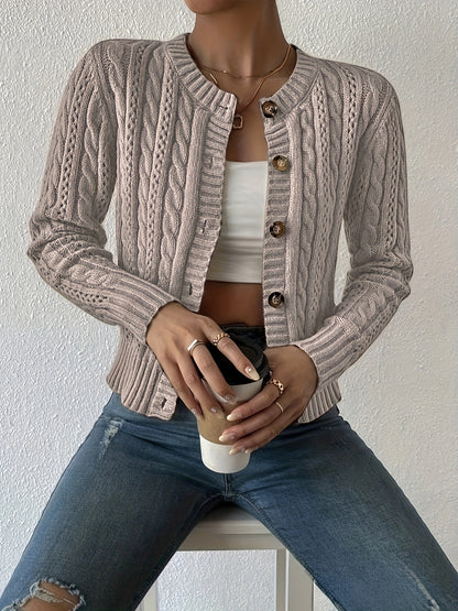 Comfortable Cable Knit Cardigan for Women with Crew Neck Long Sleeve Button Front Cropped Casual Style