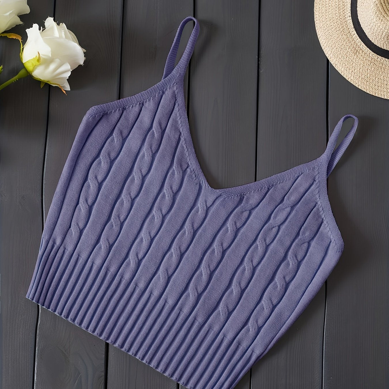 Effortless Cable Knit Crop Top for Women with V Neck Sleeveless Ribbed Fitted Tank Style