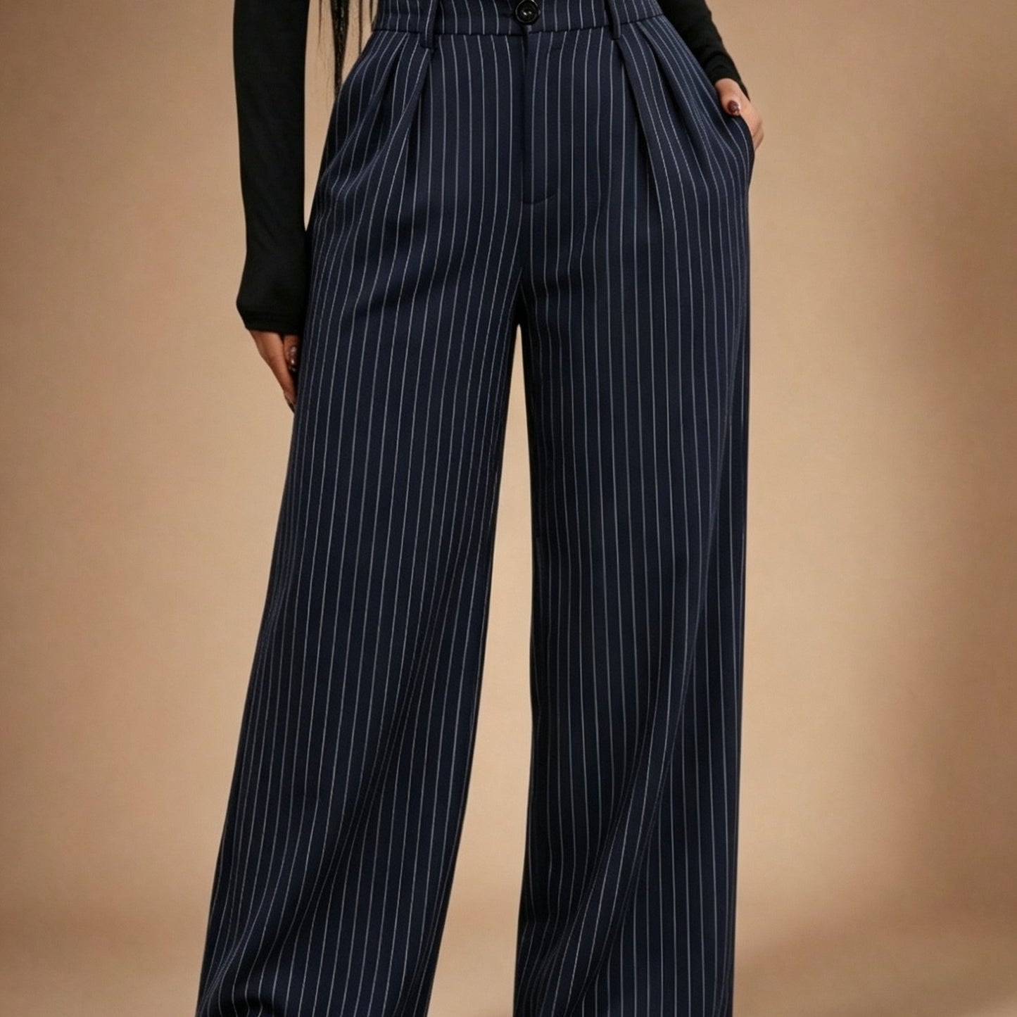 Effortless Navy Pinstripe Wide Leg Pants for Women with High Waist Pleated Front Tailored Relaxed Style