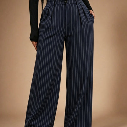 Effortless Navy Pinstripe Wide Leg Pants for Women with High Waist Pleated Front Tailored Relaxed Style