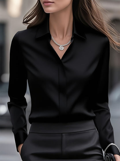 Elegant Satin Blouse for Women with Collar Long Sleeve Button Front Relaxed Silky Style