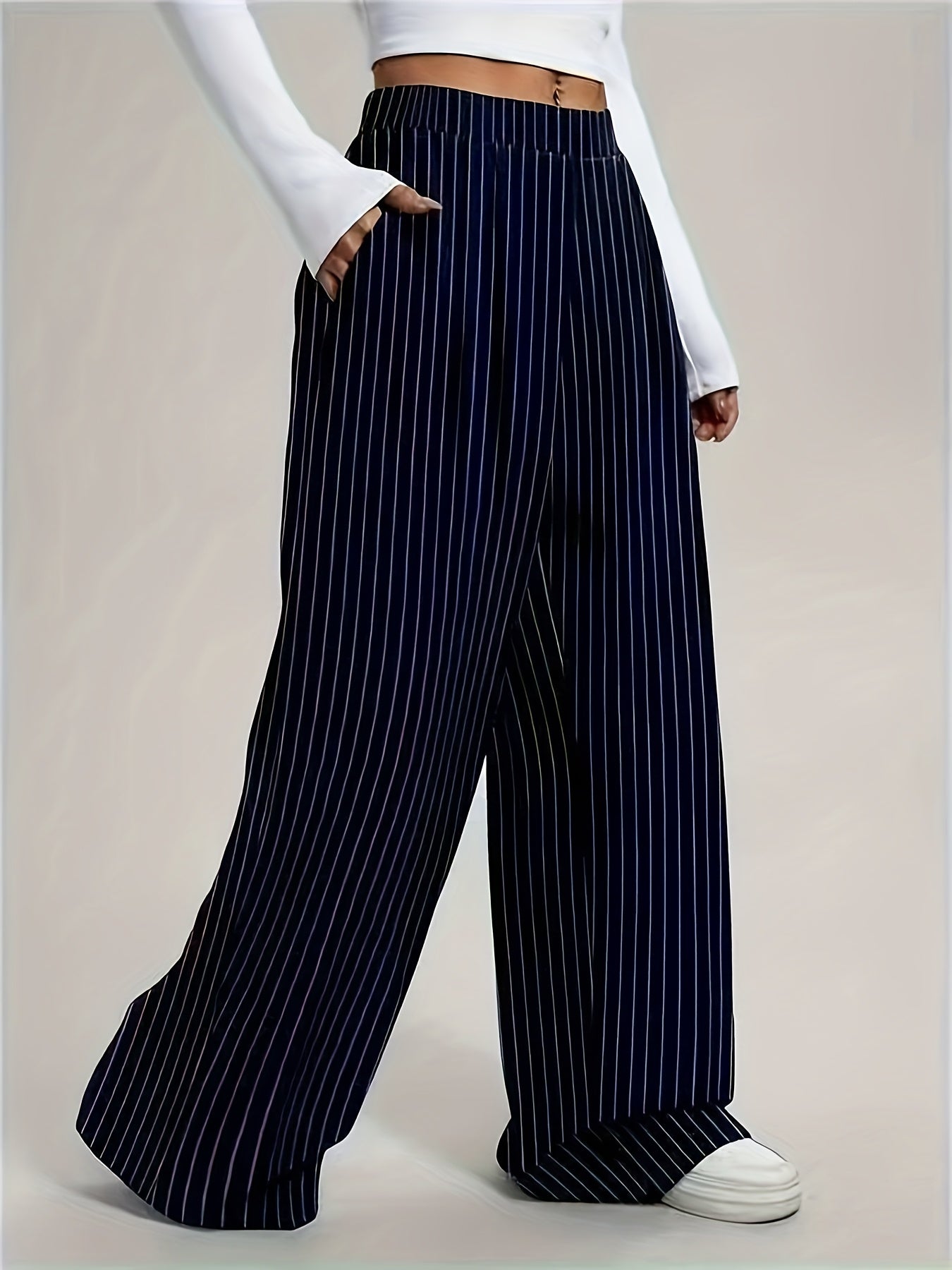 Effortless Navy Pinstripe Wide Leg Trousers for Women with High Waist Pleated Relaxed Flowing Style