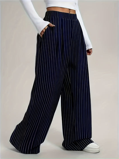 Effortless Navy Pinstripe Wide Leg Trousers for Women with High Waist Pleated Relaxed Flowing Style