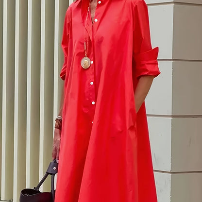 Elegant Red Shirt Dress for Women with Collar Long Sleeve Button Front A Line Midi Style