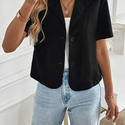 Elegant Cropped Blazer for Women with Notch Lapel Short Sleeve Button Front Relaxed Style