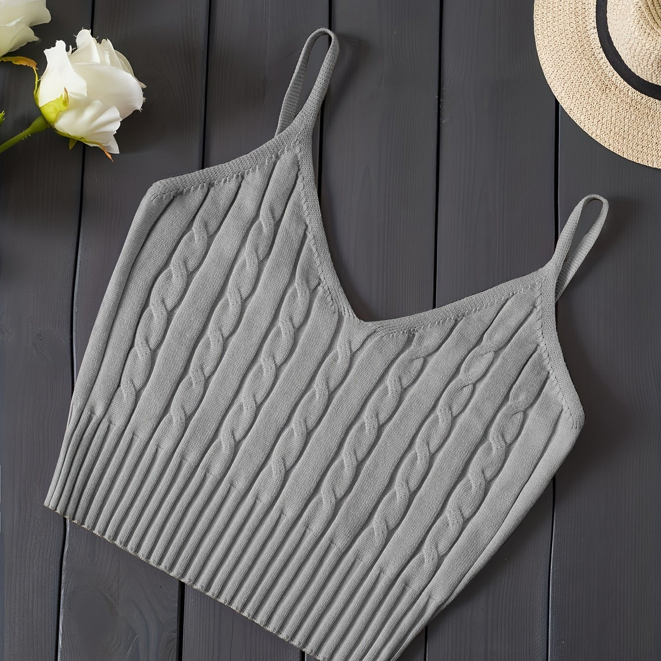 Effortless Cable Knit Crop Top for Women with V Neck Sleeveless Ribbed Fitted Tank Style