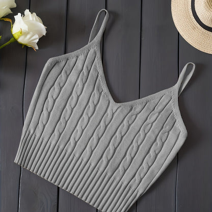 Effortless Cable Knit Crop Top for Women with V Neck Sleeveless Ribbed Fitted Tank Style