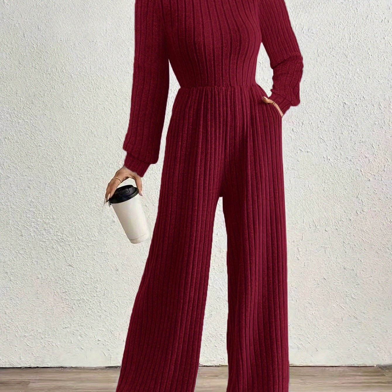 Effortless Ribbed Knit Jumpsuit for Women with Mock Neck Long Sleeve Wide Leg Relaxed Style