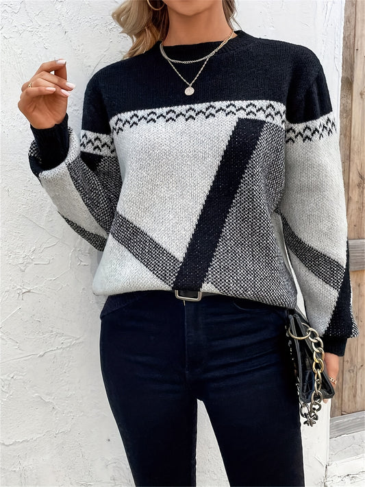 Comfortable Colorblock Geometric Sweater for Women with Crew Neck Long Sleeve Relaxed Oversized Knit Style