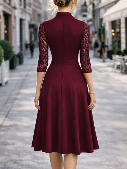 Elegant Lace Midi Dress for Women with Notch Neck Three Quarter Sleeve Fit and Flare Cocktail Style