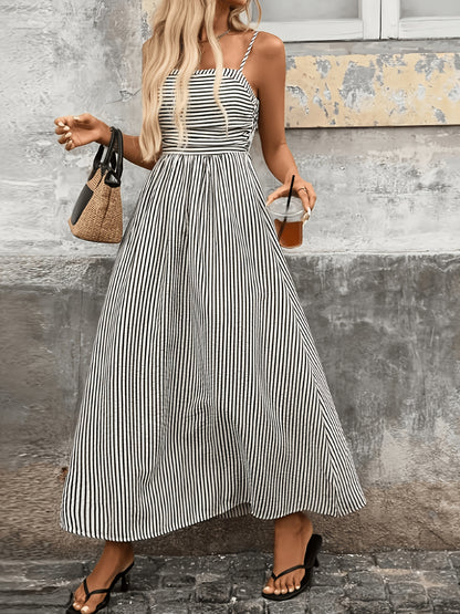 Elegant Black Striped Maxi Dress for Women with Square Neck Spaghetti Strap Smocked Flowing Style
