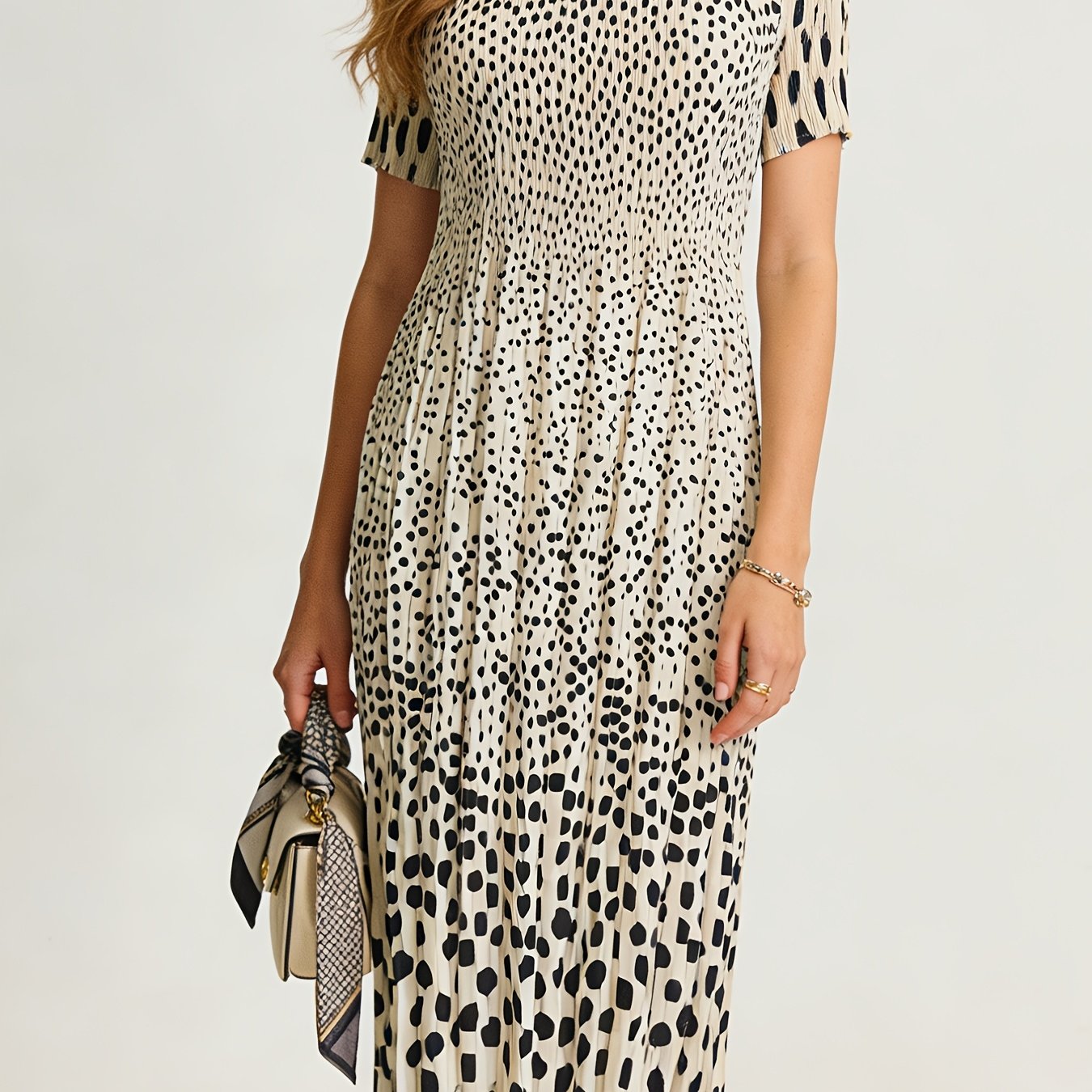 Elegant Polka Dot Pleated Midi Dress for Women with Round Neck Short Sleeve Fitted Waist Flowing Style