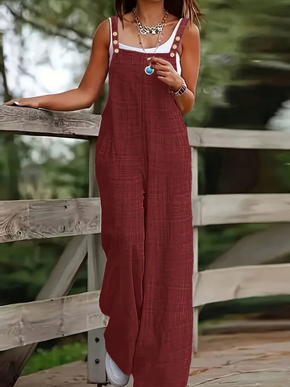 Effortless Linen Wide Leg Jumpsuit for Women with Square Neck Sleeveless Button Front Relaxed Casual Style