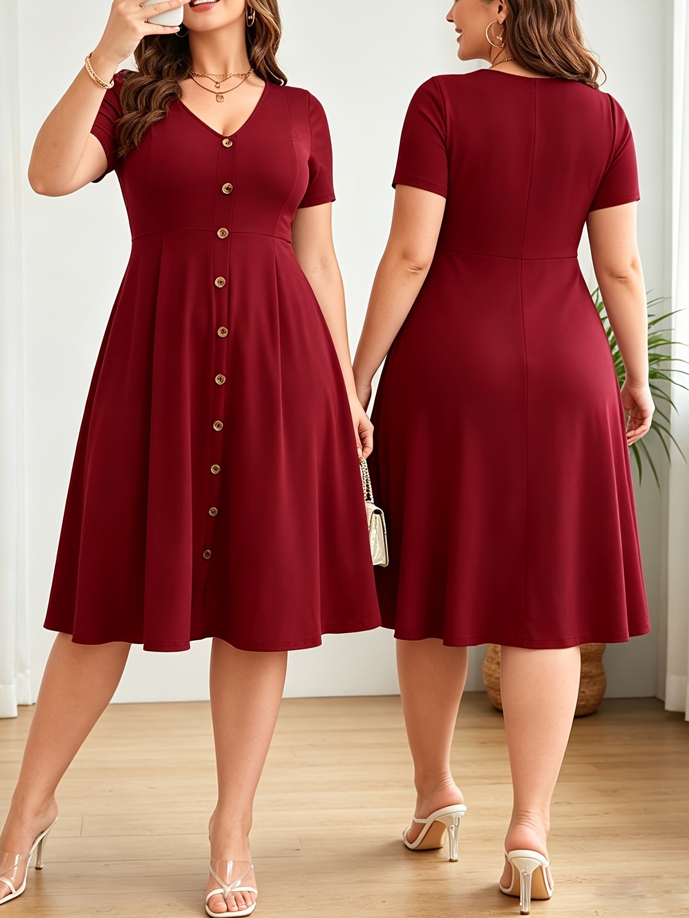 Elegant Burgundy Button Front Midi Dress for Women with V Neck Short Sleeve Fit Flare Plus Size Style