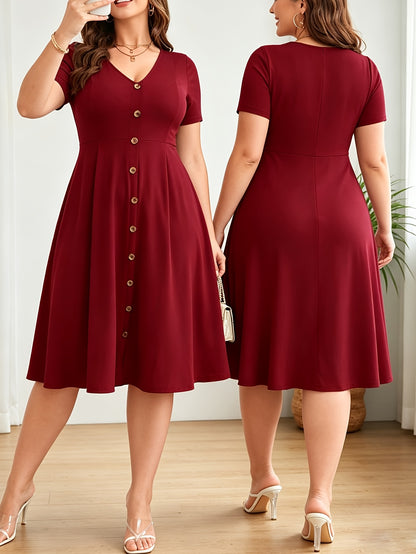 Elegant Burgundy Button Front Midi Dress for Women with V Neck Short Sleeve Fit Flare Plus Size Style