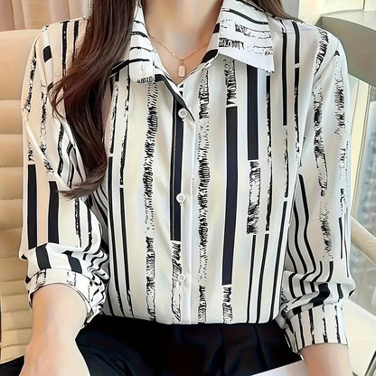 Elegant Striped Chiffon Blouse for Women with Collar Long Sleeve Button Front Relaxed Flowing Style