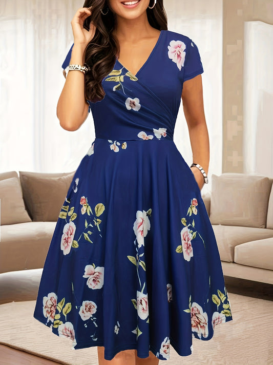 Elegant Floral Midi Dress for Women with V Neck Short Sleeve Wrap Fit and Flare Style