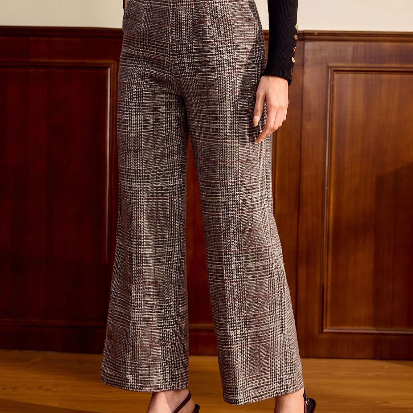 Effortless Lattice Plaid Wide Leg Pants for Women with High Waist Belted Tailored Relaxed Style