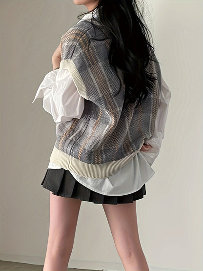 Comfortable Plaid Sweater Vest for Women with V Neck Sleeveless Oversized Knit Style