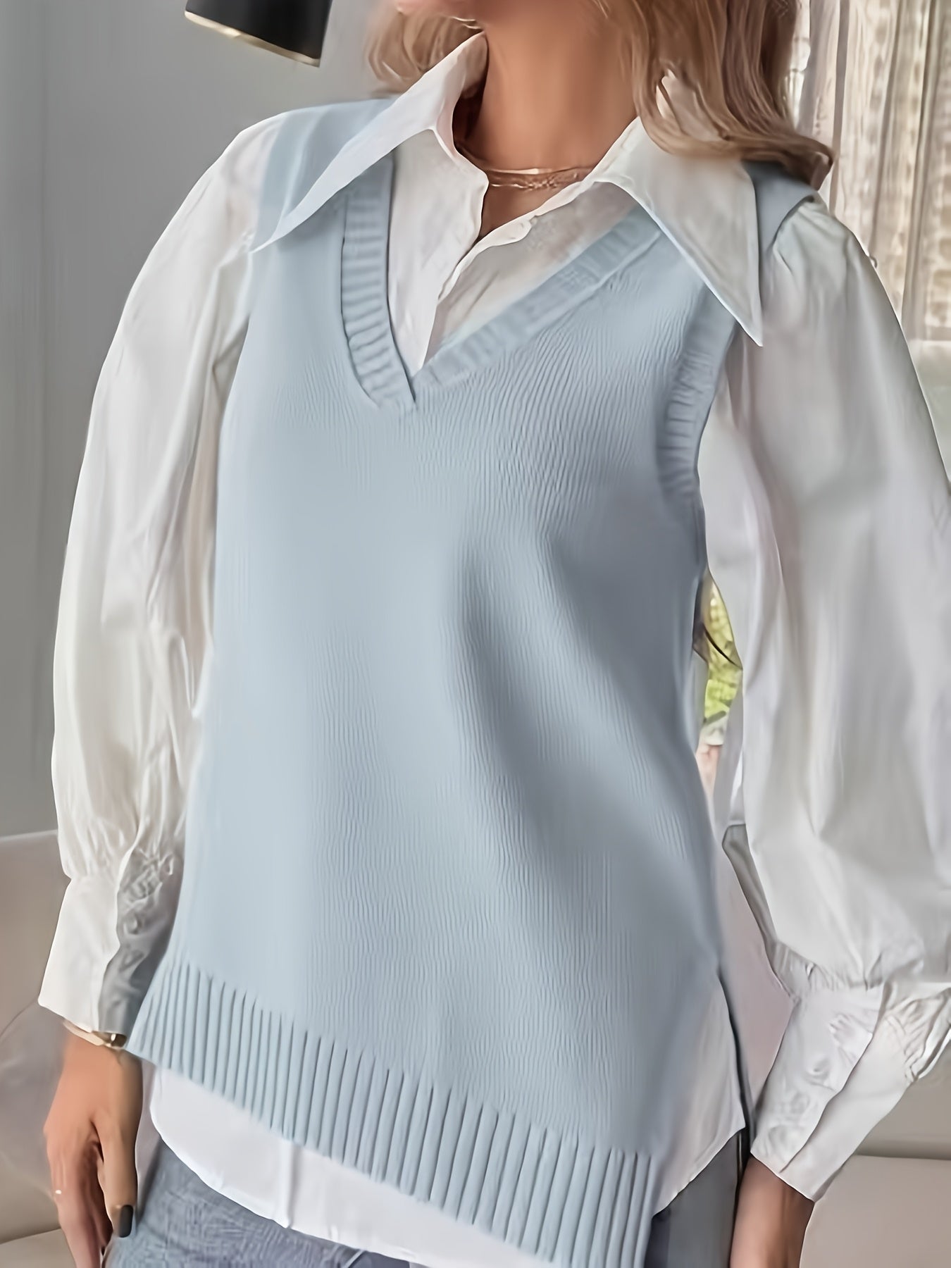Comfortable Sweater Vest for Women with V Neck Sleeveless Ribbed Trim Oversized Knit Style