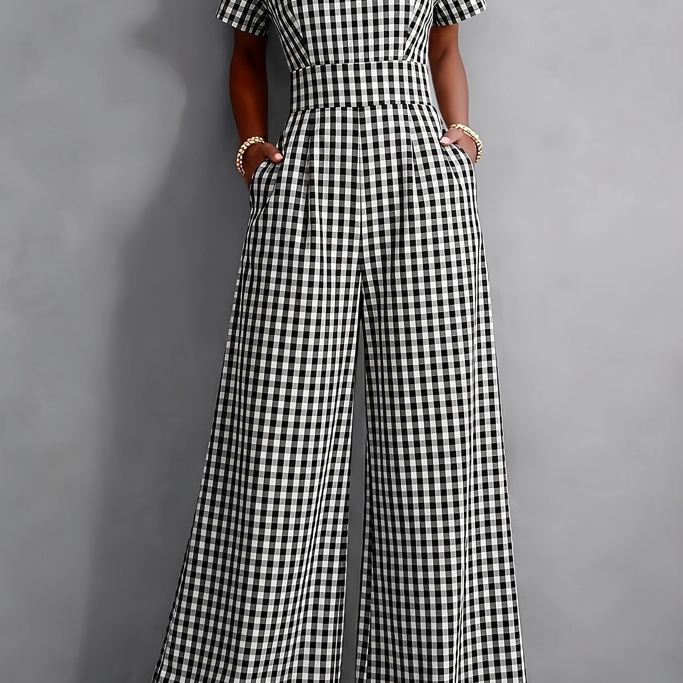 Effortless Gingham Wide Leg Jumpsuit for Women with V Neck Short Sleeve Fitted Waist Pocket Style