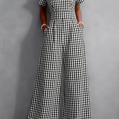 Effortless Gingham Wide Leg Jumpsuit for Women with V Neck Short Sleeve Fitted Waist Pocket Style