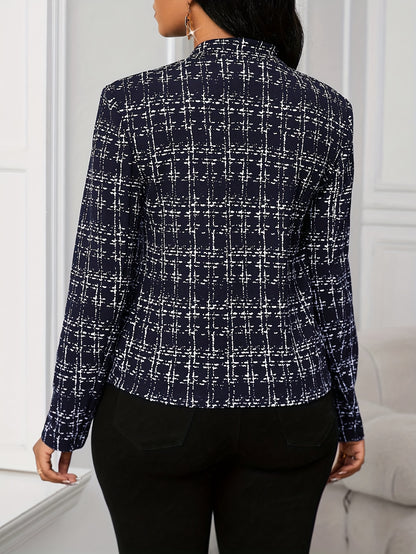 Elegant Tweed Plaid Blazer for Women with Notched Collar Long Sleeve Open Front Asymmetric Hem Casual Style