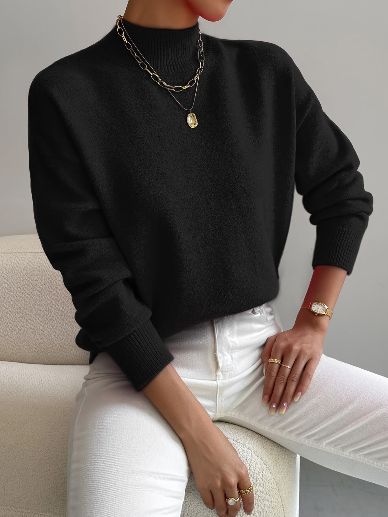 Comfortable Ribbed Sweater for Women with High Neck Long Sleeve Relaxed Oversized Knit Style