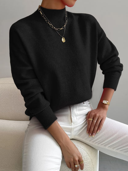 Comfortable Ribbed Sweater for Women with High Neck Long Sleeve Relaxed Oversized Knit Style