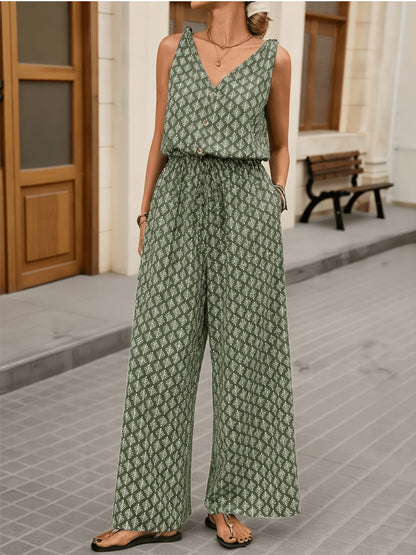 Effortless Olive Geometric Print Jumpsuit for Women with V Neck Sleeveless Button Front Wide Leg Style