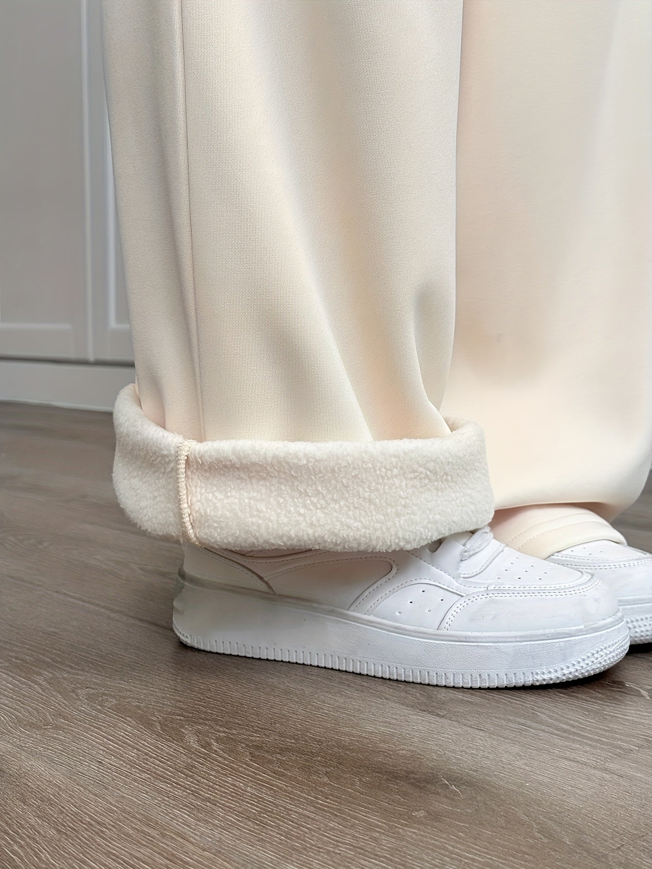 Comfortable Apricot Fleece Wide Leg Pants for Women with High Waist Drawstring Relaxed Casual Style