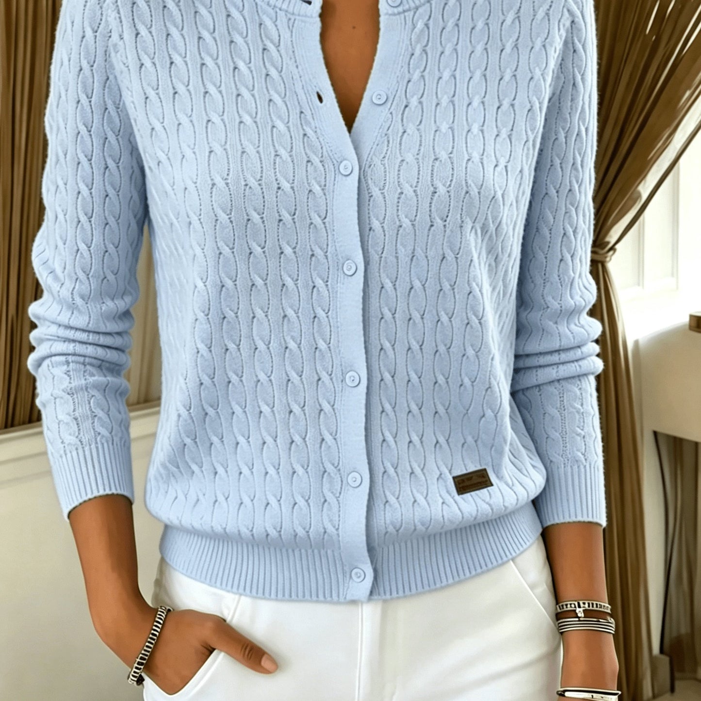 Comfortable Cable Knit Cardigan Sweater for Women with Crew Neck Long Sleeve Button Front Relaxed Casual Style