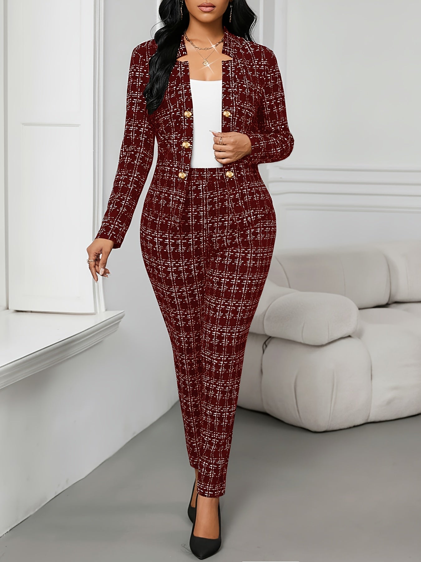 Elegant Plaid Tweed Two Piece Set for Women with Open Front Long Sleeve Blazer Tapered Pant Style