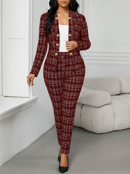 Elegant Plaid Tweed Two Piece Set for Women with Open Front Long Sleeve Blazer Tapered Pant Style