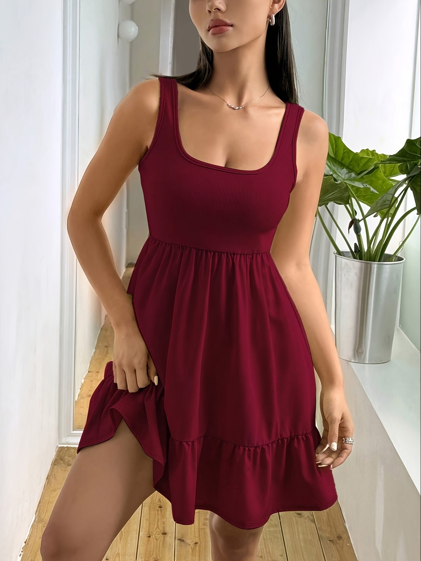 Effortless Ribbed Tiered Mini Dress for Women with Square Neck Sleeveless Smocked Waist Flowy Style