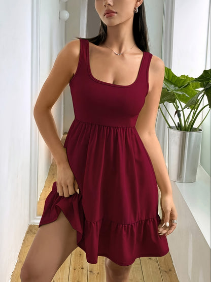 Effortless Ribbed Tiered Mini Dress for Women with Square Neck Sleeveless Smocked Waist Flowy Style