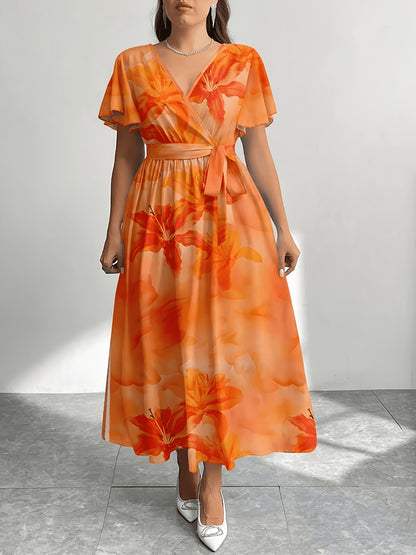 Effortless Multicolor Floral Maxi Dress for Women with V Neck Flutter Sleeve Wrap Belted Flowing Bohemian Style