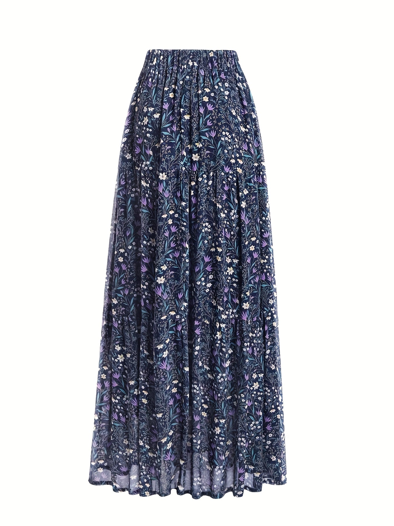 Effortless Blue Floral Maxi Skirt for Women with High Waist Tiered Ruffle Flowing Bohemian Style