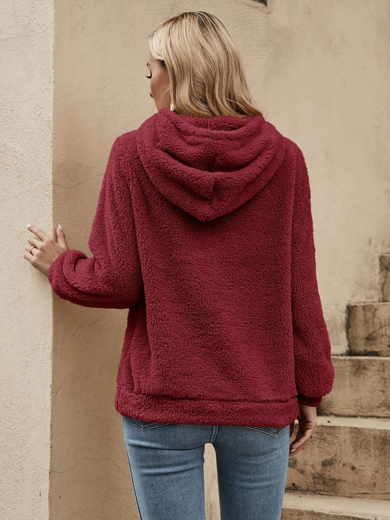 [Women's Teddy Hoodie] Women's Solid Color Teddy Hoodie - Casual Long Sleeve Drawstring Hooded Sweatshirt - Clothing