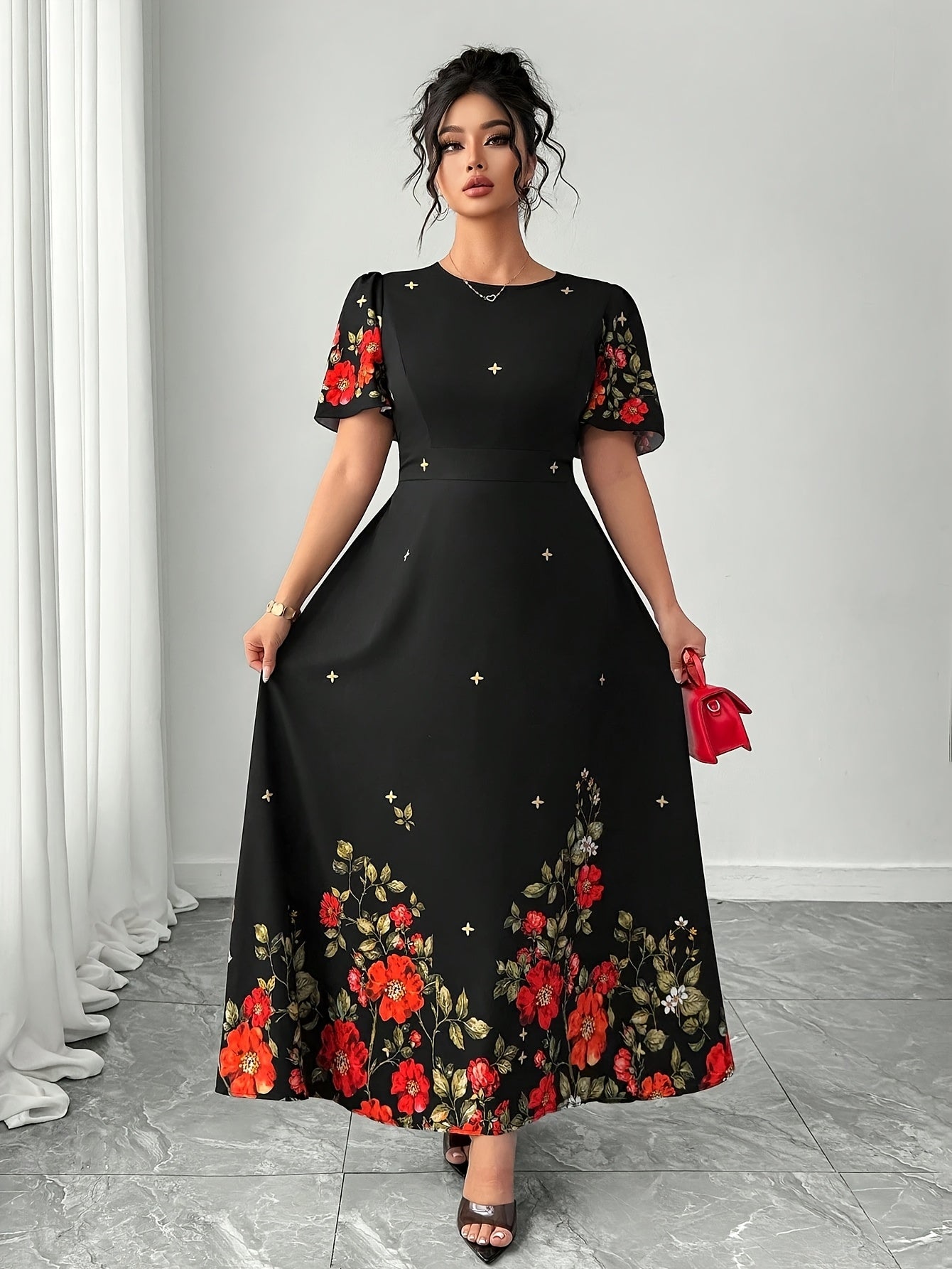 Elegant Black Floral Maxi Dress for Women with Round Neck Batwing Sleeve Cinched Waist Flowing Style
