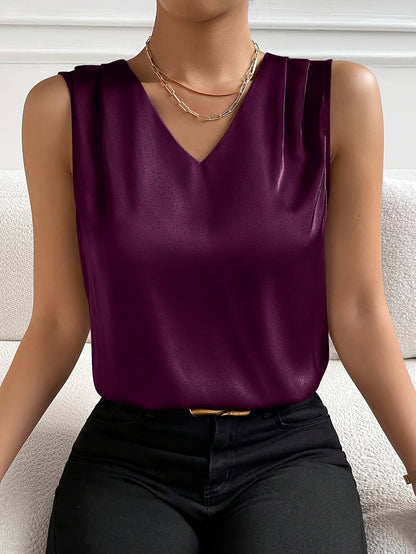 Elegant Satin Blouse for Women with V Neck Sleeveless Pleated Shoulder Silky Style