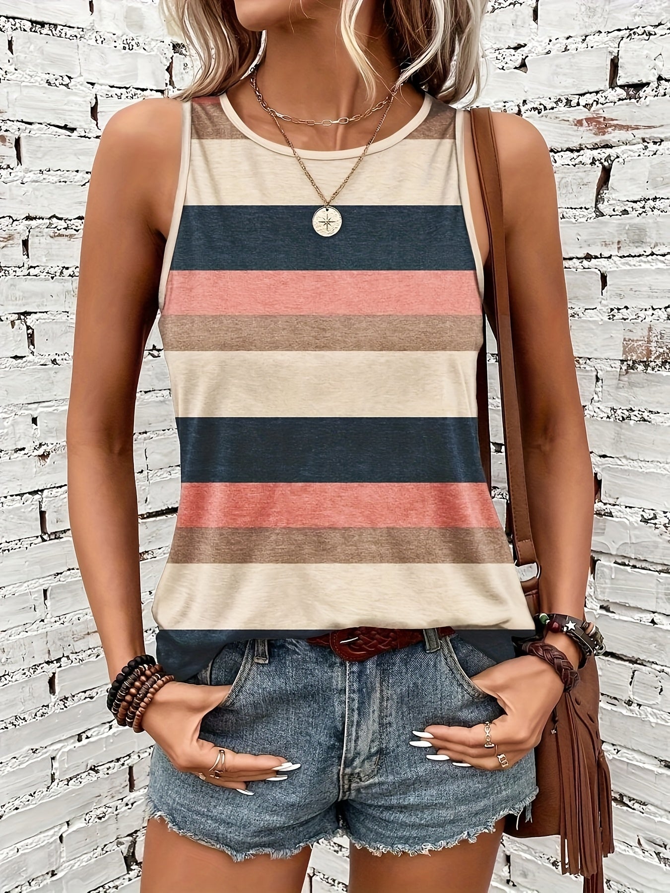 Effortless Colorblock Striped Tank Top for Women with Crew Neck Sleeveless Relaxed Casual Style