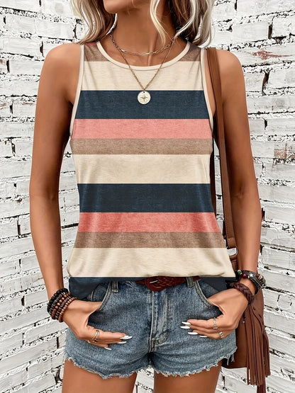 Effortless Colorblock Striped Tank Top for Women with Crew Neck Sleeveless Relaxed Casual Style